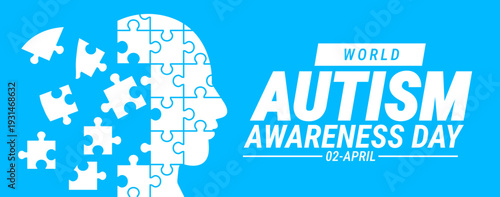 World Autism Awareness Day April 2 Banner, background or poster design. Blue Graphic Featuring a White Puzzle Piece Silhouette of a Human Head to Symbolize Neurodiversity, Inclusion.