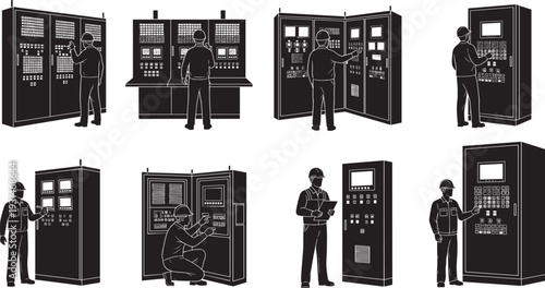 Set of engineer silhouettes working on electrical control panels, industrial technicians operating server racks, power plant monitoring, and system maintenance