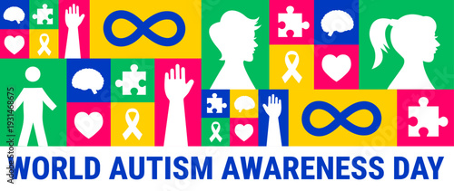 World Autism Awareness Day background, banner or poster design template. 02 April Banner Featuring Colorful Mosaic Tiles with Infinity Symbols, Jigsaw Puzzles, Brain Icons, and Human Silhouettes.