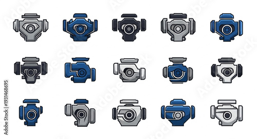 Collection of stylized engine icons in various colors and designs.