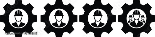 Four black and white gears with construction workers and group of people inside