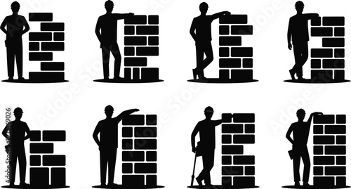 Silhouette of a person building a brick wall in eight different stages