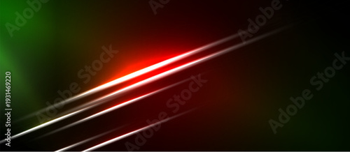 Abstract background features vibrant red, green gradients. Diagonal lines create dynamic visual effect. Dark areas provide contrast, depth.