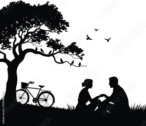 Silhouette of couple sitting under tree with birds and bicycle in park