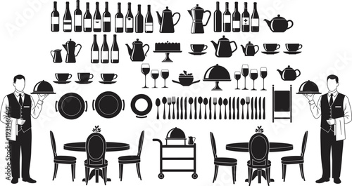 Vintage Restaurant Elements Set with Professional Waiters, Fine Dining Table Settings, Elegant Wine Bottles, Cutlery, and Cafe Service Vector Icons