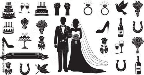 Wedding icon collection featuring bride and groom silhouettes, tiered cakes, diamond rings, bouquets, champagne, limousine, and lucky horseshoes, cad drawing flat vector illustration.
