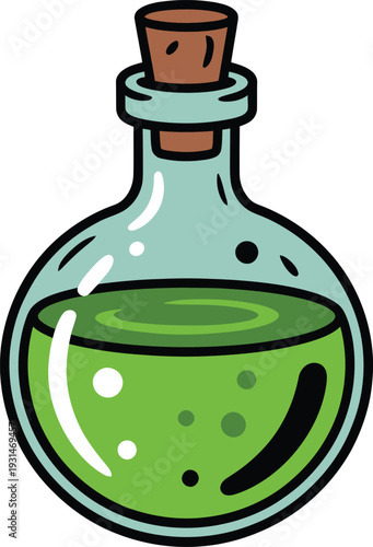 Magic Potion Bottle Vector Illustration: Green Elixir Glass Flask Graphic.