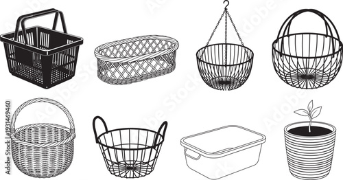Woven wicker baskets, wire shopping bins, hanging planters, plastic tubs, and flower pots in a cad drawing flat vector illustration style for home organization.