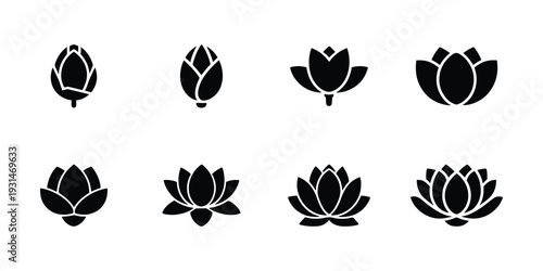 Lotus flower symbol collection, Black silhouette flower yoga symbol