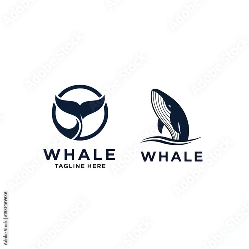 Dynamic vector illustrations showcasing two distinct whale logo designs for marine themes