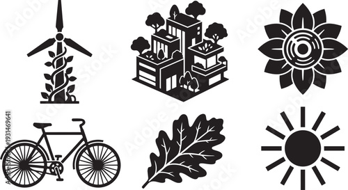 Solarpunk Aesthetic, Green Future Technology and Sustainable Urban Ecology Silhouette Icon Set Vector Illustration