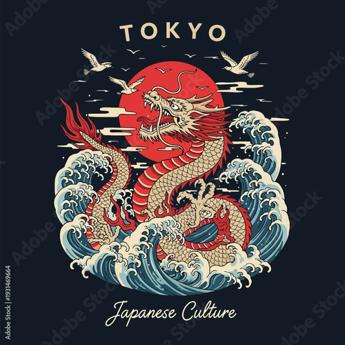 Dynamic Japanese Dragon Emerging from Ocean Waves with Red Sun and Birds, Cultural Art from Tokyo