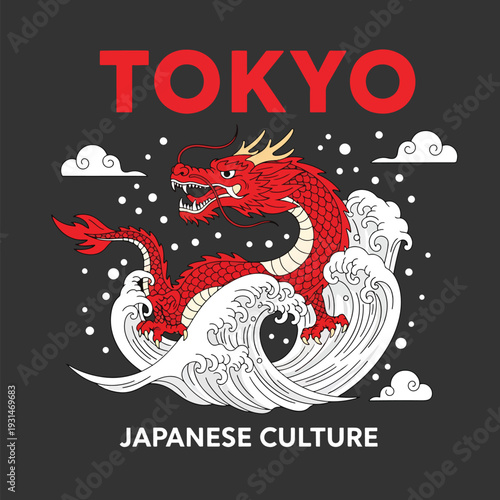 Vibrant Red Dragon Illustration Amidst Ocean Waves Symbolizing Tokyo Culture