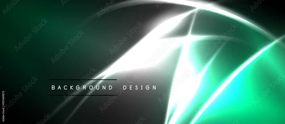Naklejka premium Dark green background features bright white, teal lines. Abstract design evokes energy, movement, modern aesthetic. Minimalist text present.