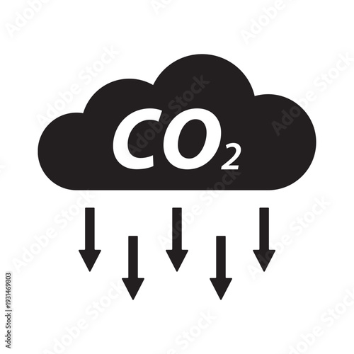 an icon representing the reduction of carbon dioxide (CO2) emissions, showing a cloud with the chemical formula CO2 and several downward arrows indicating a decrease or removal from the atmosphere