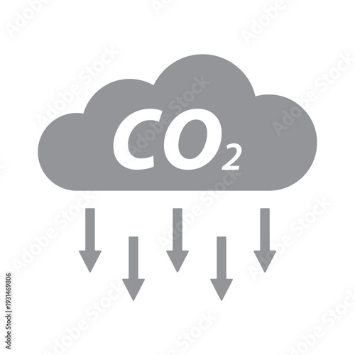 an icon representing the reduction of carbon dioxide (CO2) emissions, showing a cloud with the chemical formula CO2 and several downward arrows indicating a decrease or removal from the atmosphere