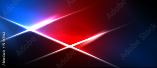 Bright red, blue light streaks intersect. Dark background creates dramatic visual effect. Intense illumination dominates image.
