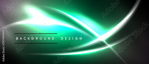 Abstract green neon lines over dark background. Smooth curves create dynamic visual effect. Modern design element.