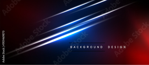Abstract background features vibrant blue light streaks over dark red, navy gradients. Minimalist design with text elements present.