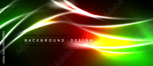 Abstract vibrant lines create dynamic colorful background. Smooth curves blend green, red, yellow hues. Modern design element.