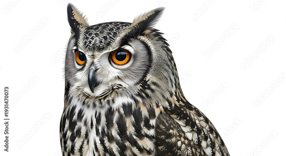 Fototapeta premium Close up of a vigilant owl isolated on transparent background with striking orange eyes and detailed feathers