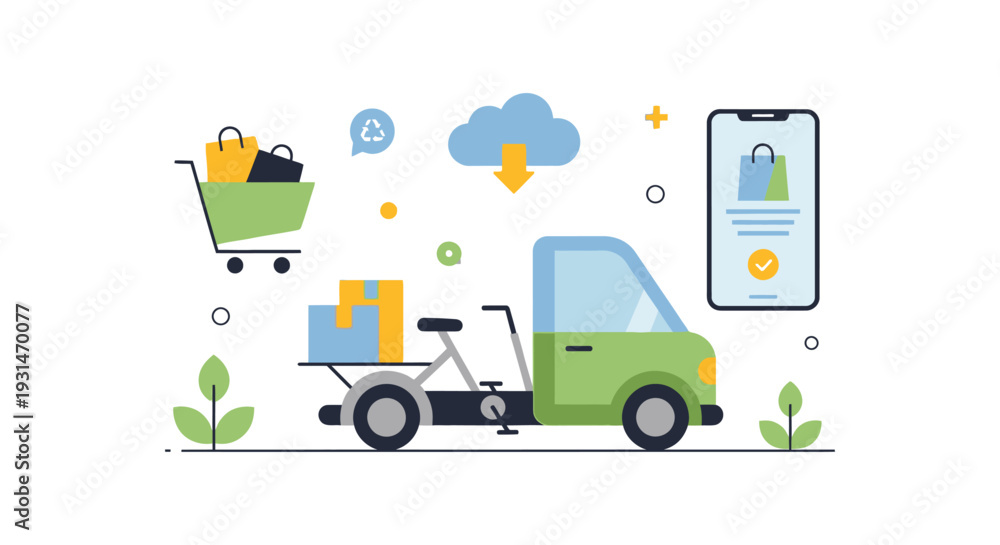Fototapeta premium Eco-Friendly Online Shopping & Delivery: E-commerce, Mobile App, and Sustainable Logistics