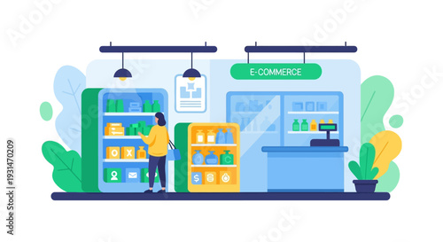 E-commerce Shopping Experience: Woman Browsing Digital Products in Modern Retail Store Illustration