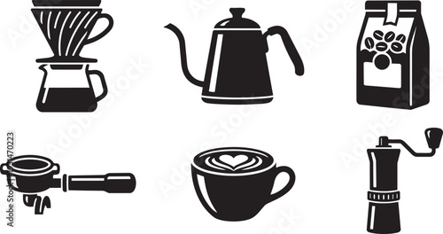 Specialty Coffee Brewing, Third Wave Coffee Shop and Barista Tools Side View Silhouette Icon Set Vector Illustration