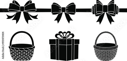 Black and white line of three bows, a gift box, and two woven baskets arranged in a row line bows