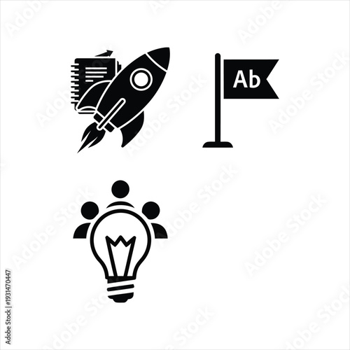 Creative business and education icons featuring a rocket launch with books, language learning flag, and teamwork idea bulb