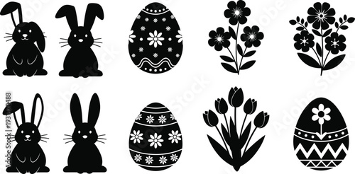 Black and white of bunnies and decorated easter eggs with floral patterns
