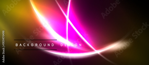 Vibrant abstract design features glowing lines, gradients. Dark background emphasizes bright colors, creating dynamic visual effect.