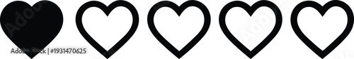 Set of Five Heart Icons with One Solid Black Heart and Four Outlined Shapes Isolated on White Background for Social Media Like Rating and Love Design
