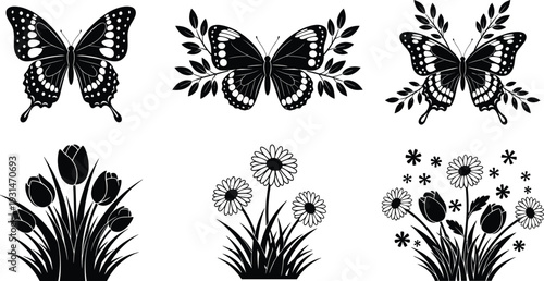 Black and white of butterflies and flowers in a symmetrical arrangement