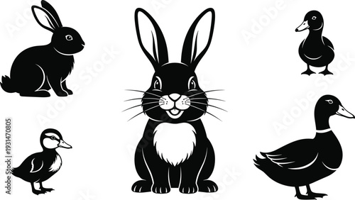 Black and white of a large rabbit and three ducks in various poses cartoon