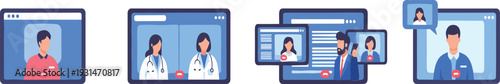 Online Telemedicine Consultation Concept with Doctors and Patients Video Calling on Multiple Digital Devices Interface Illustration