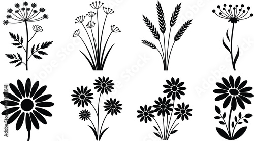Black and white floral and plant featuring various types of flowers and wheat stalks