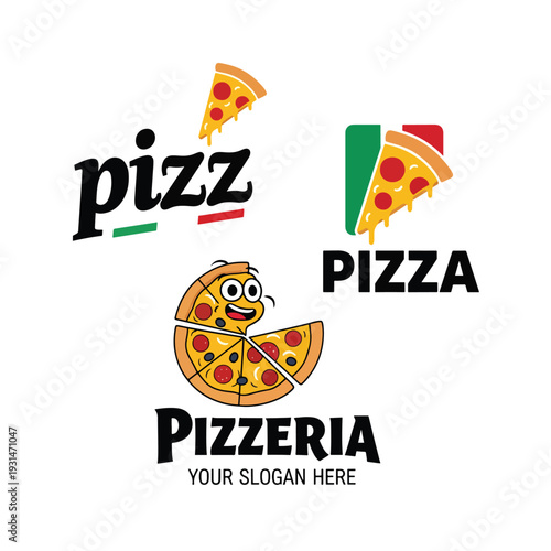 Vector compilation of diverse pizza and pizzeria logo designs for food branding concepts.