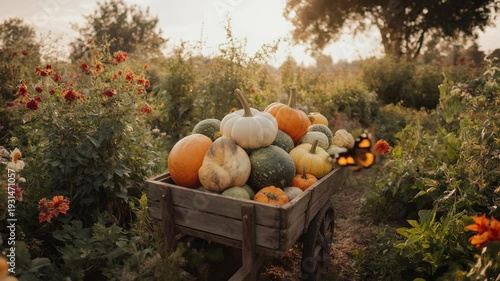 Pumpkins and Gourds in Wooden Cart.