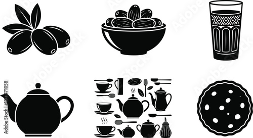 Black and white of coffee beans, teapot, coffee cups, bowl, glass, and donut