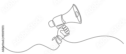 continuous line drawing of a hand holding a megaphone with flowing sound waves, single line art holding bullhorn speaker design announcement or communication vector illustration.