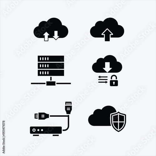 Set of cloud and network related icons, featuring data transfer, servers, internet cables, and secure cloud storage