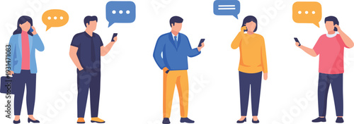 People Using Smartphones and Making Phone Calls with Chat Bubbles Modern Communication Flat Vector Illustration Set