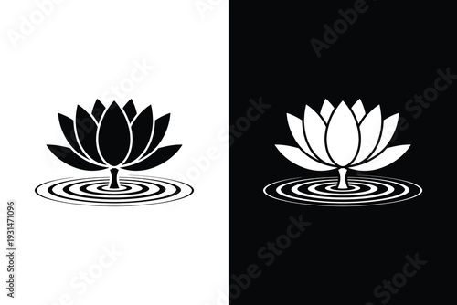 Black and white lotus flower icon floating on water ripples