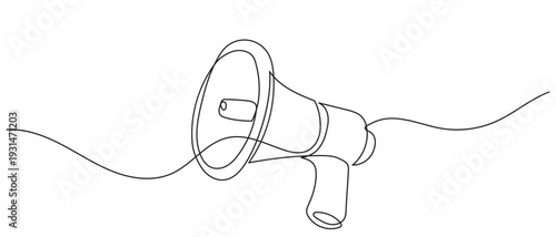 continuous line drawing of a megaphone with flowing sound waves, simple single bullhorn speaker line art design announcement or communication vector illustration.