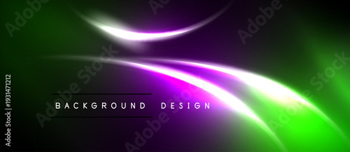 Abstract neon lines, vibrant green purple hues. Smooth gradients create dynamic background design. Dark areas contrast bright elements.