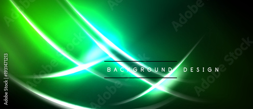 Bright neon lines create abstract green background. Smooth curves intersect, forming dynamic visual effect. Dark areas contrast vibrant glow.