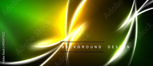 Vibrant abstract background features flowing neon lines. Green transitions to yellow, creating dynamic visual effect. Modern design element.