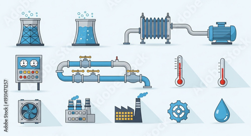 Industrial factory and power plant equipment icons set.