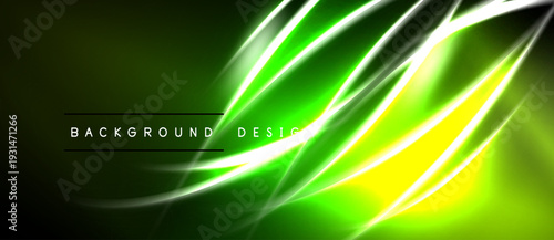 Bright green neon lines flow across dark background. Text reads background design. Vivid energy radiates from abstract shapes.